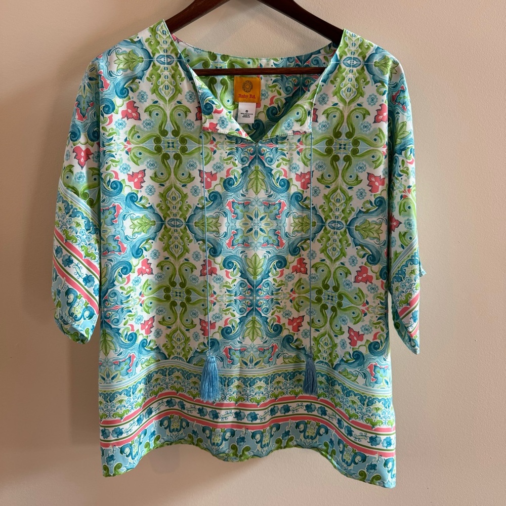 Ruby Rd Top Size Small 6 Blue Green Floral Tassel V Neck 3/4 Sleeve Tunic